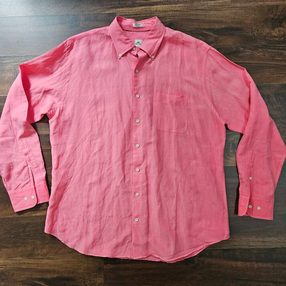 Peter Millar Mens 100% Linen Long Sleeve Button Up Shirt Salmon Sz XL